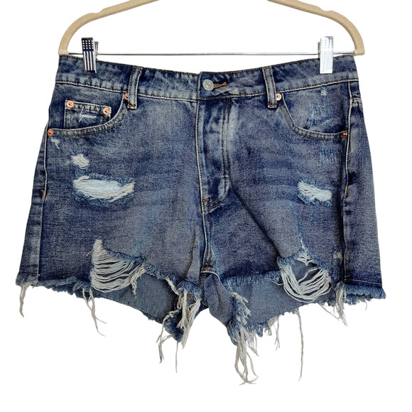 Signature Eight Womens Denim Cutoff Shorts Large Blue Distressed Button Fly - Picture 1 of 6